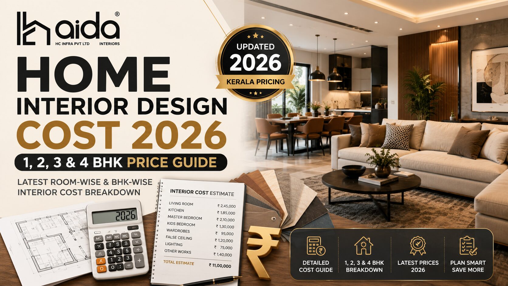 Home interior design cost guide for 1, 2, 3 and 4 BHK homes in 2026